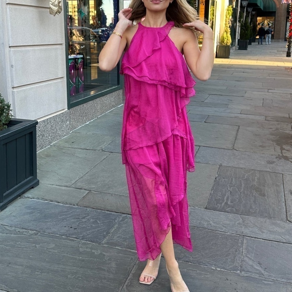 Women’s Sleeveless Asymmetrical Tiered Pink Midi Dress Size Medium - Picture 3 of 7
